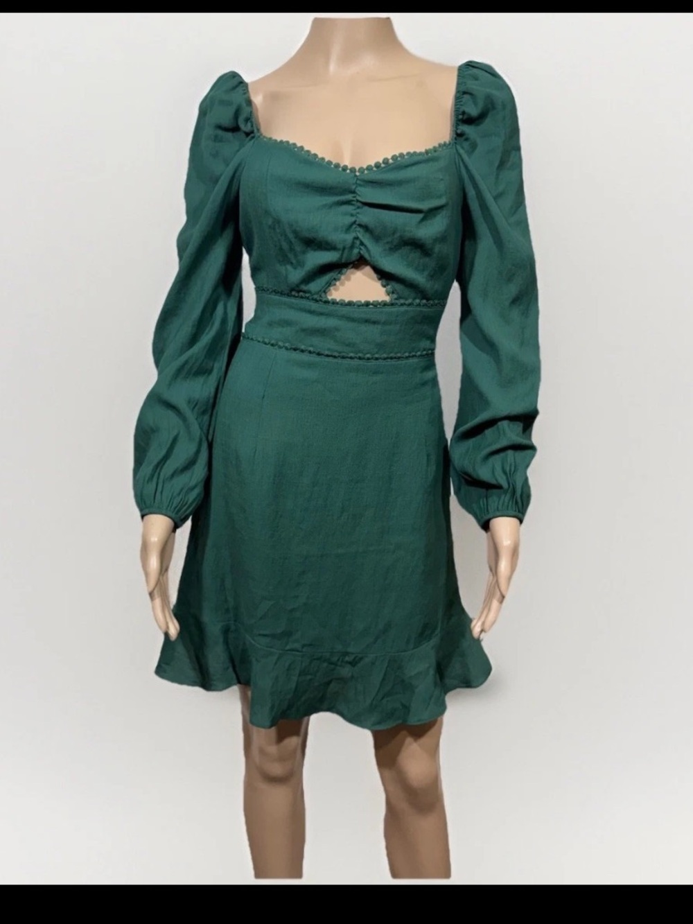 Altar’d State Size M Emerald Green Puff Sleeve Cutout Mini Dress Romantic Boho